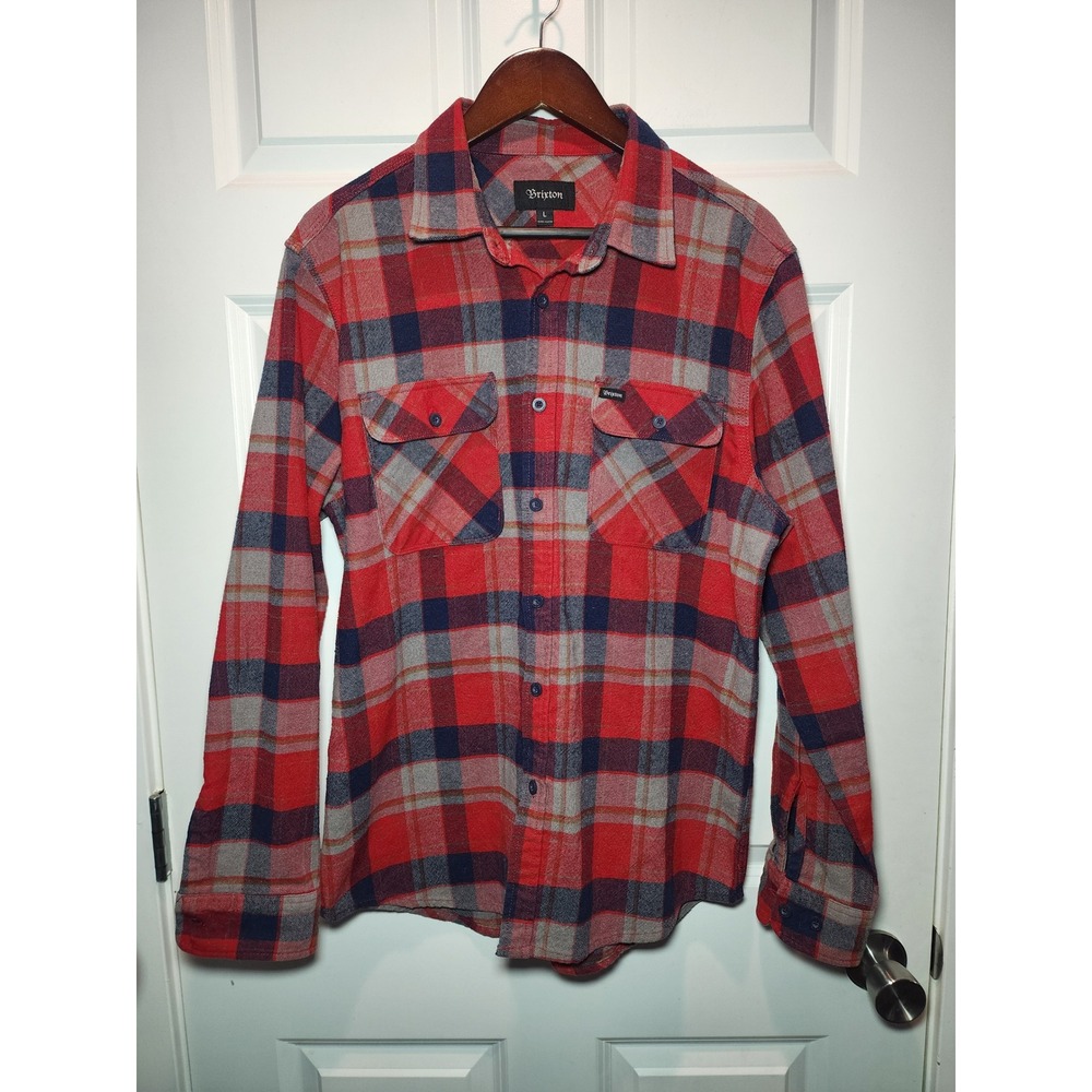 Brixton Bowery Flannel Shirt Mens Large Red Grey Navy Blue Plaid Button Up
